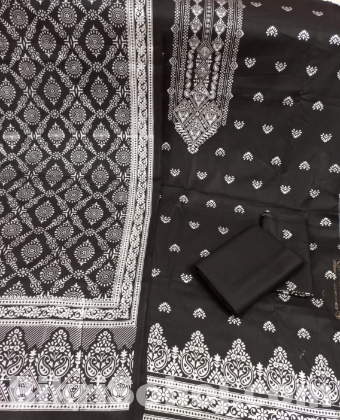 কাতান স্ক্রিন প্রিন্ট থ্রি পিস (সাদা গ্লিটার)